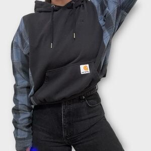 Carhartt Reworked Upcycled Two Tone Blue Plaid Black Sweater Hoodie Sweatshirt